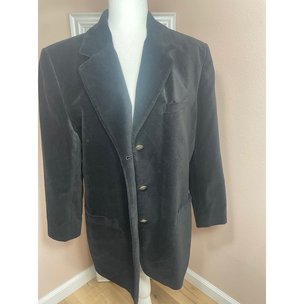 Hunt Club Vintage Black Velvet Blazer Jacket Womens 14‎ Cotton Crest Button Coat